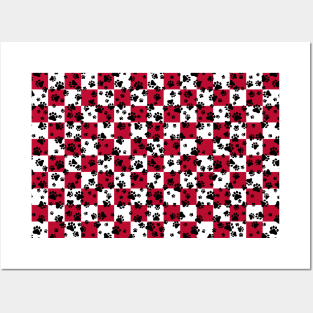 Paw Prints on Bull Dog Red and White Checker Pattern Digital Design Posters and Art